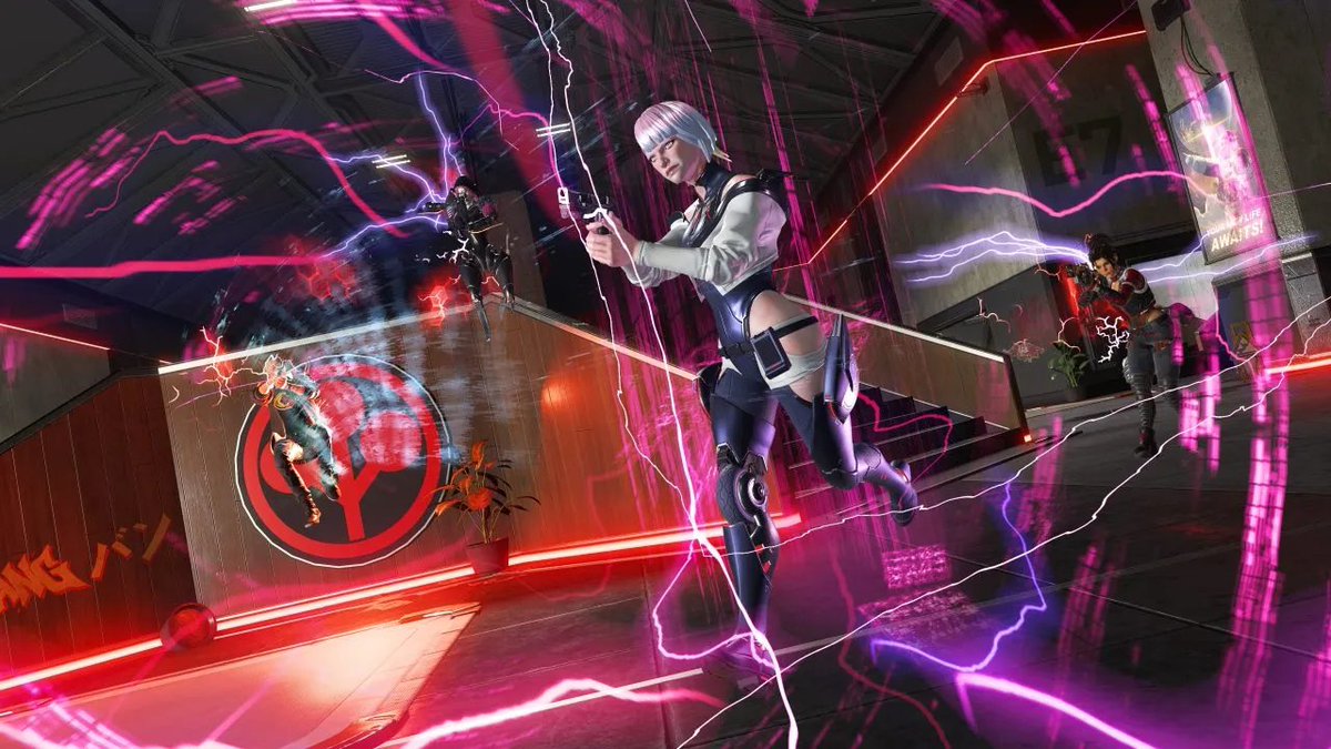 EAA_tw's tweet photo. 『Apex Legends』×サイバーパンク、7月15日コラボ開幕

・APEX初のミシック武器「スキッピー」搭載オルタネーター実装
・E-Districtがナイトシティ仕様に一新（アラサカ乗っ取り演出）
・レジェンド8体にコラボスキン（ルーシー/デイビッド/V 他）
・新モード「ワイルドカード」でサイバーウェア＆サンデヴィスタン解禁
⠀
詳細はこちら👇️