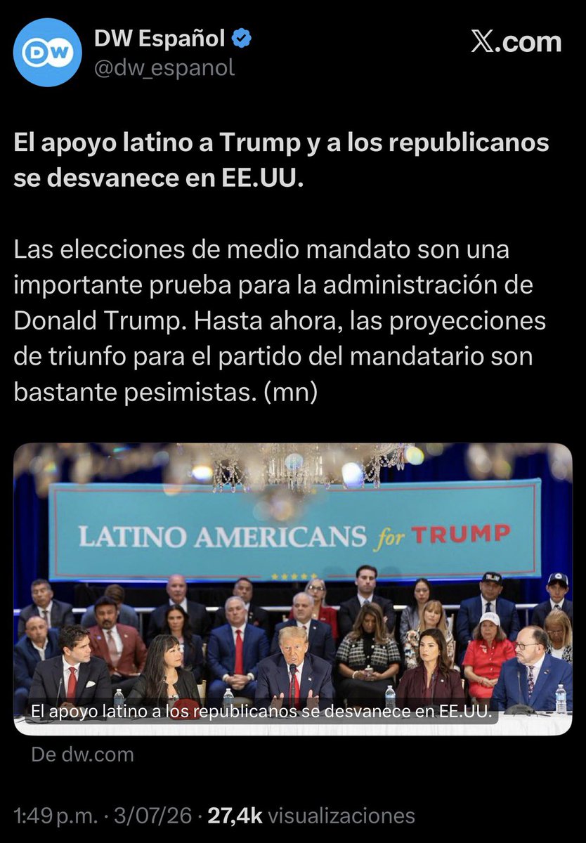 CesarSerpa's tweet photo. LA CLAVE PARA CORTARLE LAS ALAS AL TAL “TIGRE” ESTÁ EN LAS PRÓXIMAS ELECCIONES DE NOVIEMBRE EN ESTADOS UNIDOS.

Todo el mundo sabe que el único soporte de peso que tiene el tal “Tigre” que ganó las elecciones presidenciales en Colombia es Donald Trump, por lo cual la clave para desinflarlo estará en que la izquierda progresista colombiana logre consolidar muchísimas alianzas y hacer muchísimo lobby ante la izquierda progresista en Estados Unidos, ya que quedan sólo 4 meses de aquí a noviembre para hacer una intensa campaña política que le recuerde a todos los inmigrantes y a sus familias (latinos, musulmanes, afroamericanos, etc) todas las humillaciones, persecuciones, maltratos e injusticias cometidas por el temible “ICE” del gobierno republicano de Trump, ya que la idea es aglomerar y encauzar toda esa enorme indignación popular para que esos MILLONES de inmigrantes decepcionados no vayan a votar por candidatos Republicanos, pero que sí voten masivamente por candidatos Demócratas, quienes sí podrían tener el poder para acabar con esa política fascista de persecuciones ilegítimas e INCOHERENTES, ya que Estados Unidos es un país que ha sido construido desde sus inicios por millones de inmigrantes (como los padres y la esposa de Trump).

En conclusión, las elecciones de noviembre en Estados Unidos son vitales para acabar ó por lo menos para CONTENER tantos abusos, guerras e intromisiones en países extranjeros (como en Colombia y en otros países más); solo un Congreso de Estados Unidos con mayoría Demócrata podrá contener la actual DICTADURA CAPITALISTA de ese país y podrá devolverle la grandeza y el respeto que tuvieron alguna vez ante el mundo.

#HayEsperanza🙏

#EEUUtendráMayoríaDemócrata🇺🇸

#EleccionesDeNoviembreEnEEUU🇺🇸

⬇️⬇️⬇️⬇️⬇️⬇️⬇️⬇️⬇️⬇️⬇️⬇️⬇️