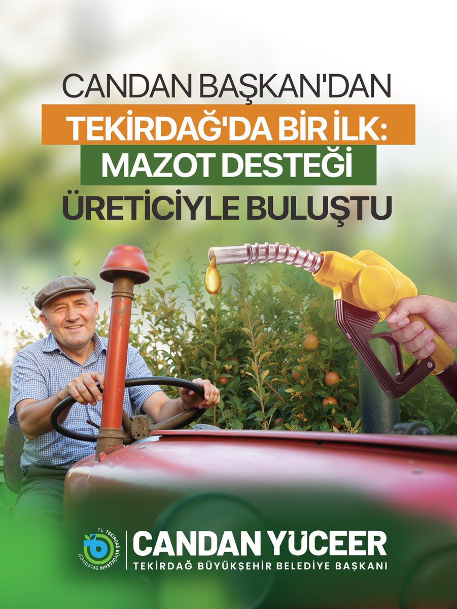 Tdagbld's tweet photo. Üreticimizin her zaman yanındayız 🌾

Tekirdağ Büyükşehir Belediyemiz tarafından hayata geçirilen Mazot Desteği Projesi kapsamında, 2026 yılı içerisinde 4 bin 506 üreticimize 355 bin 232 litre mazot desteği sağlanacak.

📌 Kart dağıtımları belirlenen takvim doğrultusunda ilçe ziraat odaları aracılığıyla sürdürülecek, hak sahibi üreticiler teslim tarihleri hakkında kısa mesaj yoluyla bilgilendirilecektir.

Toprağı emekle işleyen, alın teriyle kentimizin bereketini büyüten tüm üreticilerimize hayırlı olsun. 💚