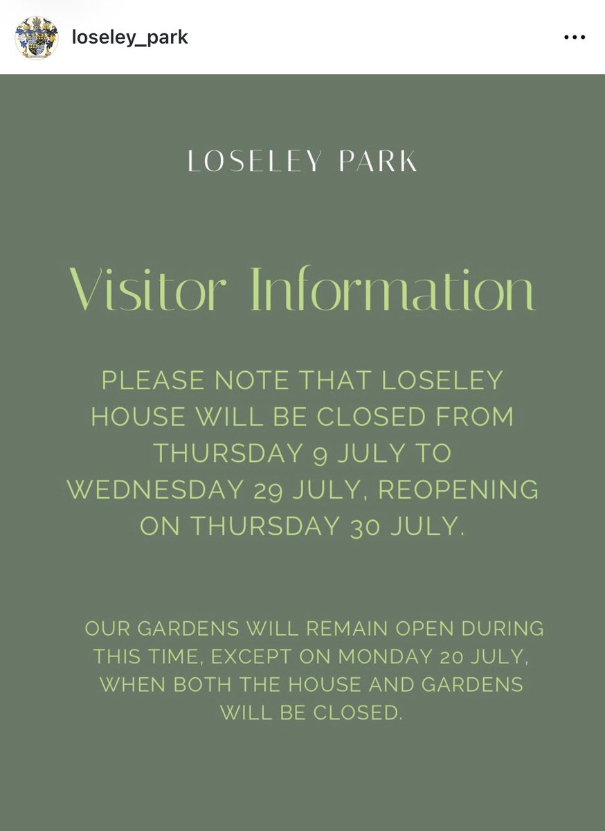 sophslcver's tweet photo. GUYS!!!!!! loseley park aka MY COTTAGE is gonna be closed from 9 july to 29 of july do we think 👀👀👀👀👀 https://t.co/R4jB2Lfnbt
