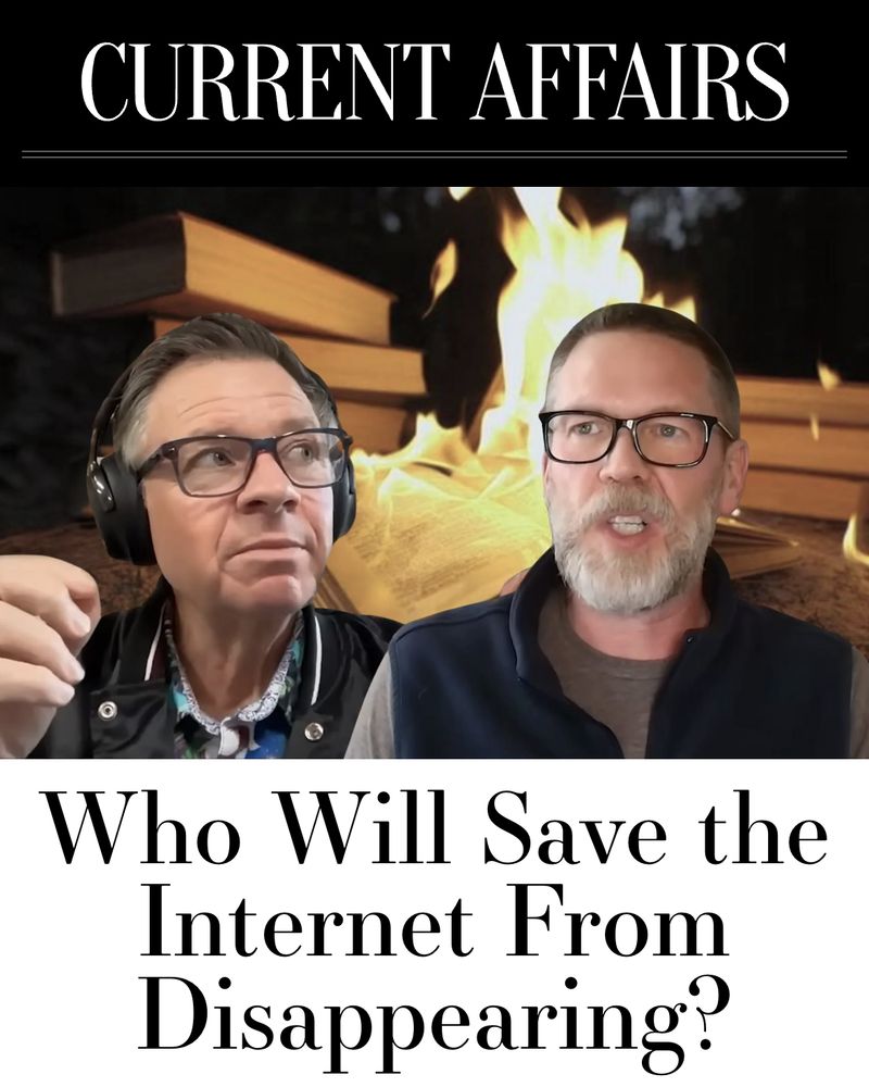internetarchive's tweet photo. 🌐 The web changes daily. Too much of it disappears. 🕳️

38% of URLs that existed just 10 years ago are no longer available on the live web.

Internet Archive's @markgraham & @chrisfreeland on why preserving our digital record can't be an afterthought, with Nathan J. Robinson of @curaffairs.

🔗 https://t.co/VLg3vUnNHg

#WaybackMachine @waybackmachine
