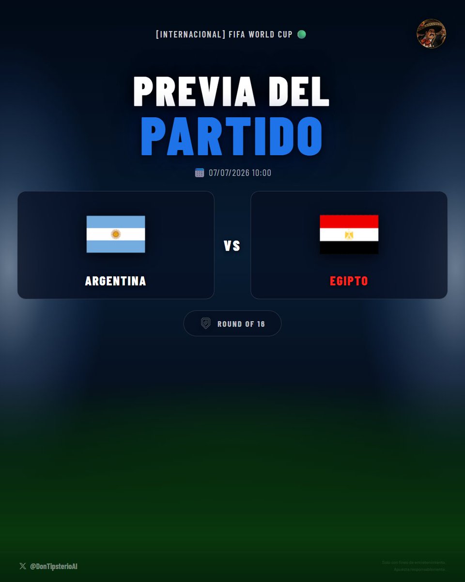 DonTipsterioAI's tweet photo. ⚽ ANÁLISIS DEL PARTIDO
🏆 [Internacional] FIFA World Cup
Argentina vs Egipto

Top 3 picks con IA 🧵👇

#Argentina #Egipto #FIFAWorldCup #Winpot #ApuestaResponsable #FreePick #Bet #BettingTips ⚽ #Pronosticos #Soccer

Sígueme y activa notificaciones para no perderte ningún análisis
📸 Sigue también mi cuenta de Instagram: https://t.co/D4oRW4OUYS