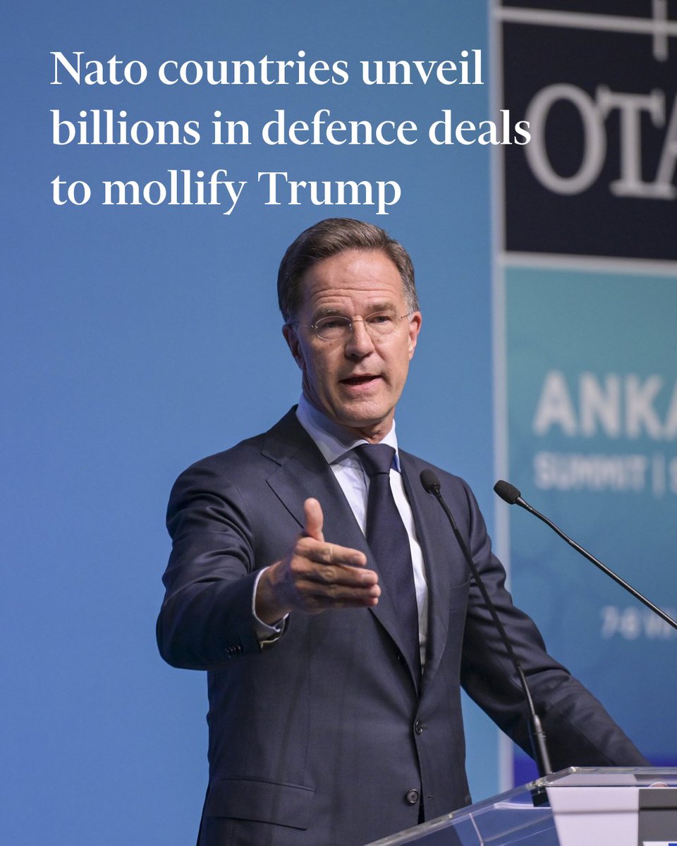 FT's tweet photo. Nato allies unveiled tens of billions of dollars of defence industry deals to buy surveillance planes and advanced drones — and to show Donald Trump that Europe was spending more. https://t.co/1tJFpv28lQ https://t.co/u2BtvLGJo0