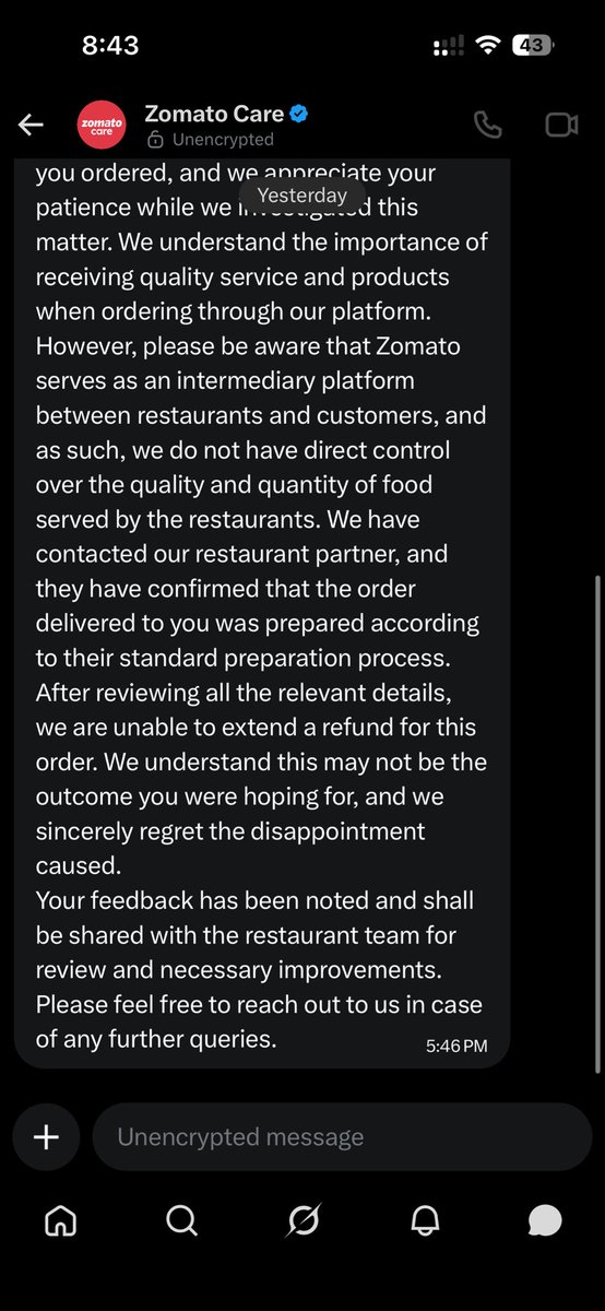 ipranjalrai's tweet photo. @zomatocare So this is the response @zomato @zomatocare provided in DM.

Got wrong item - no accountability, its just we cannot do anything bla bla.

Uninstalling @zomato now https://t.co/ycjkOu83XG