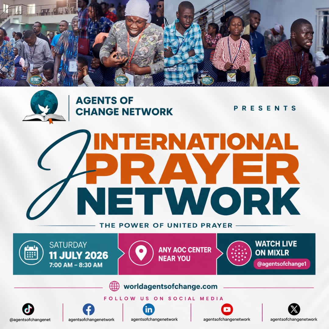 ChangeAgentsN's tweet photo. Join the July edition of the Agents of Change International Prayer Network and Bible study scheduled to hold on Saturday 11th July 2026 at 7:00 AM WAT at the nearest AOC Center to you. Also join on Google Meet. https://t.co/5MfQFmbWF0