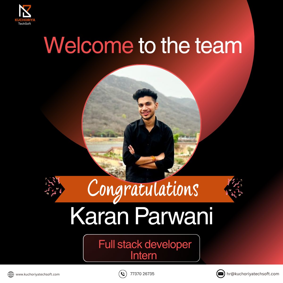KuchoriyaSoft's tweet photo. Please welcome our new Full Stack Developer Intern at Kuchoriya TechSoft - Karan Parwani.
Welcome aboard!
🌐 https://t.co/9eQmsfhyct
#KuchoriyaTechSoft #FullStackDeveloper https://t.co/fMUWEd5gai