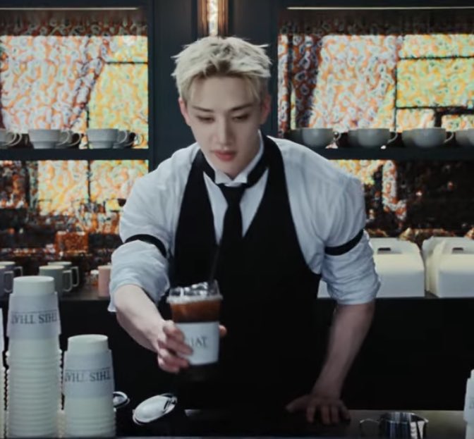 witch1vy's tweet photo. gangster bang chan from freeze is a barista now damn https://t.co/tMgi55ad8v