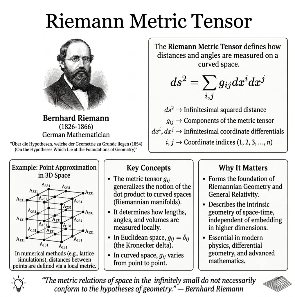 cosmosarcive's tweet photo. The geometry of space is not fixed. It depends on the metric.

The Riemann metric tensor defines how distances and angles are measured on curved spaces. At every point, the metric determines the local geometry through the relation

ds² = ∑ᵢⱼ gᵢⱼ dxⁱ dxʲ

where gᵢⱼ describes the metric, dxⁱ and dxʲ are infinitesimal coordinate changes, and ds² is the infinitesimal squared distance.

This simple expression became one of the mathematical foundations of Riemannian geometry and Einstein's General Relativity, showing that gravity is a consequence of the curvature of spacetime.