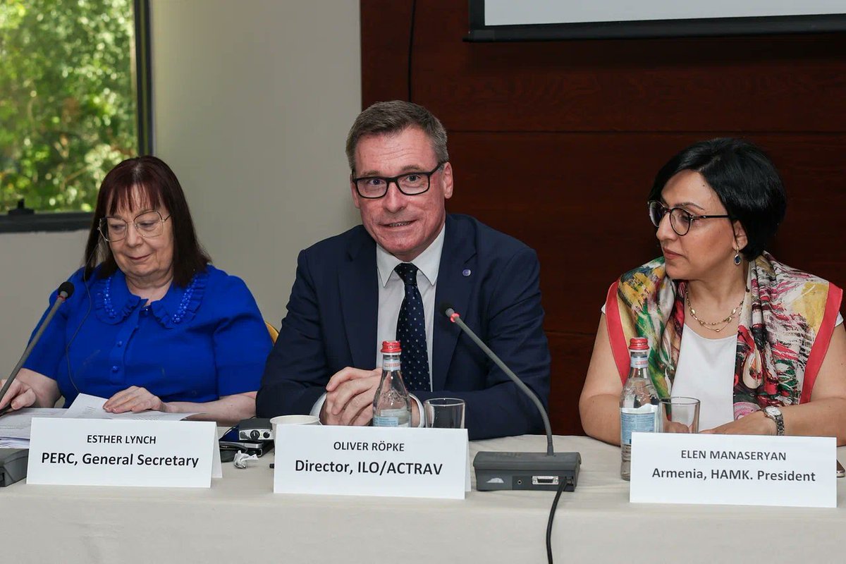 ILOACTRAV's tweet photo. At the #PERC Summer School in Armenia and the @UILofficial  Congress in Padua, ACTRAV Director @oliverroepke stressed the importance of social dialogue, multilateralism and trade union action in shaping a fair digital future.

He highlighted the adoption of @ilo  Convention No. 193 on decent work in the platform economy and called on unions to help ensure AI and digital transformation strengthen, not weaken  workers’ rights.

Strong institutions, international labour standards and effective social dialogue remain key to advancing social justice in a rapidly changing world.