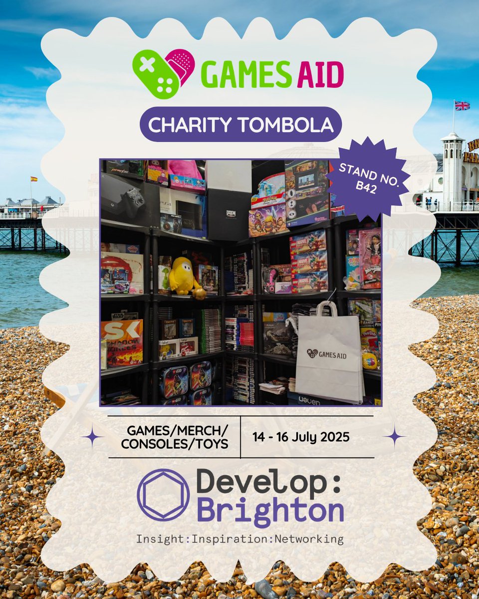 GamesAid's tweet photo. Our charity Tombola is back at @developconf! 🎉
Find us at Stand B42 for your chance to win some amazing prizes, say hello to the team, and try your luck with our brand-new Tombola Button!
See you there! 💜
#develop #developbrighton #brighton #charity #gamesaid #tombola https://t.co/WqJDGDYdd6