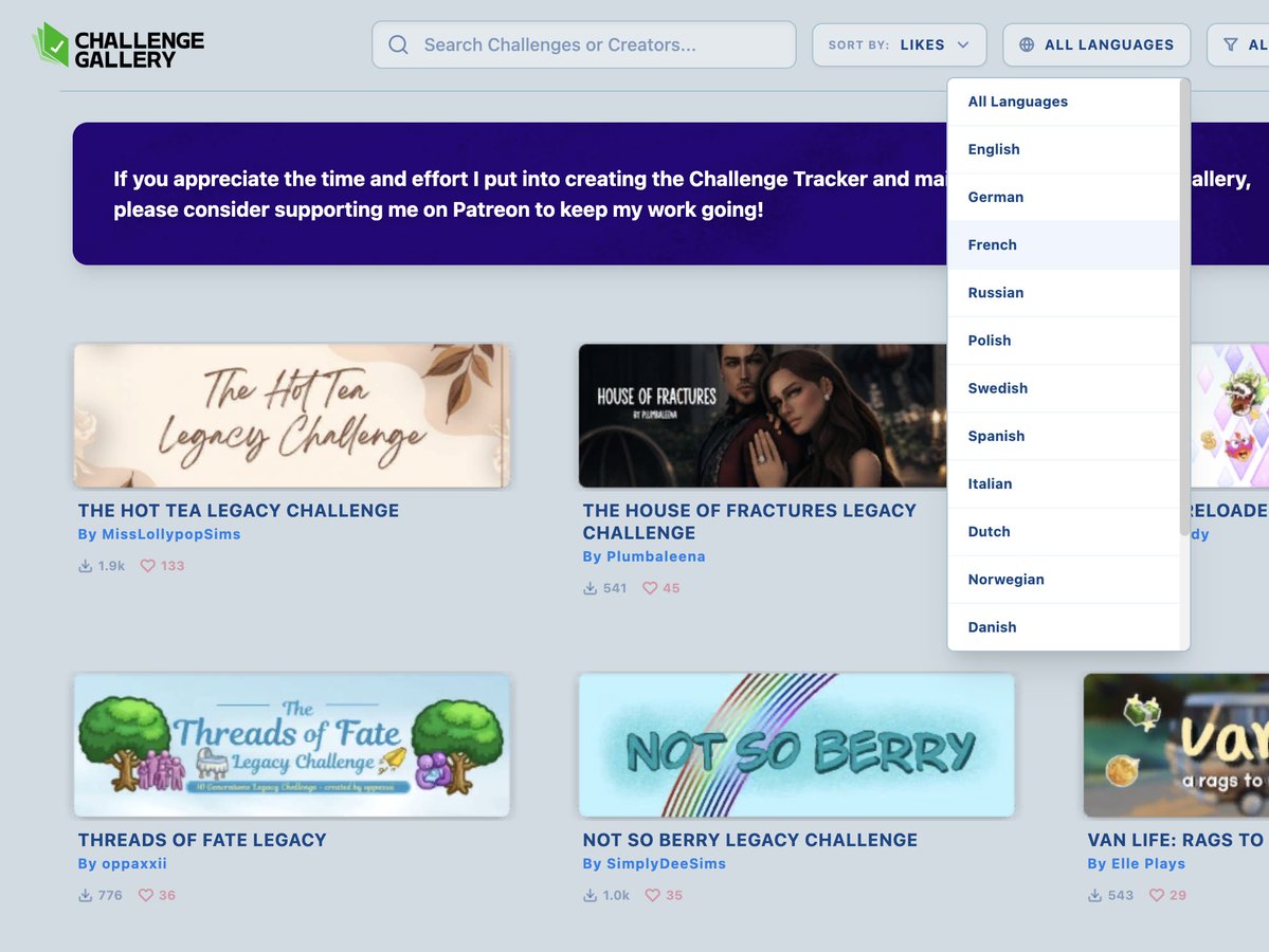 SimMattically's tweet photo. The Challenge Gallery just received a huge improvement... you can now filter community-made Challenges by language!

I have gone back and manually tagged over 200 Challenges, and new submissions will now be tagged by the creator during the upload process. https://t.co/jOu7FnjudE