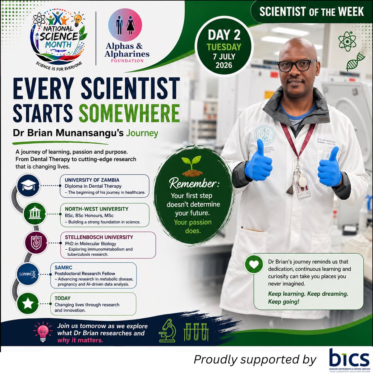 Chrissy43175254's tweet photo. 🌱 Every Scientist Starts Somewhere. Behind every breakthrough is a journey built on curiosity, determination, and a commitment to lifelong learning.
#ScientistOfTheWeek #NationalScienceMonth2026 #ScienceIsForEveryone #DrBrianMunansangu #AAFxBICS #BiomedicalResearch https://t.co/dmzGgQCtS4