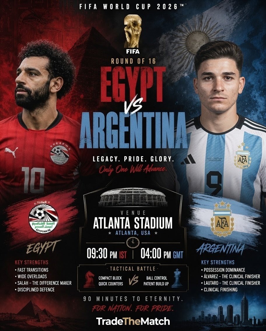 TradeTheMatch's tweet photo. Egypt vs. Argentina: The ultimate clash of styles. Compact discipline against possession dominance. Who rules the pitch in Atlanta? 🇪🇬🇦🇷
#FIFAWorldCup #ARGEGY https://t.co/LioYZGsa5f