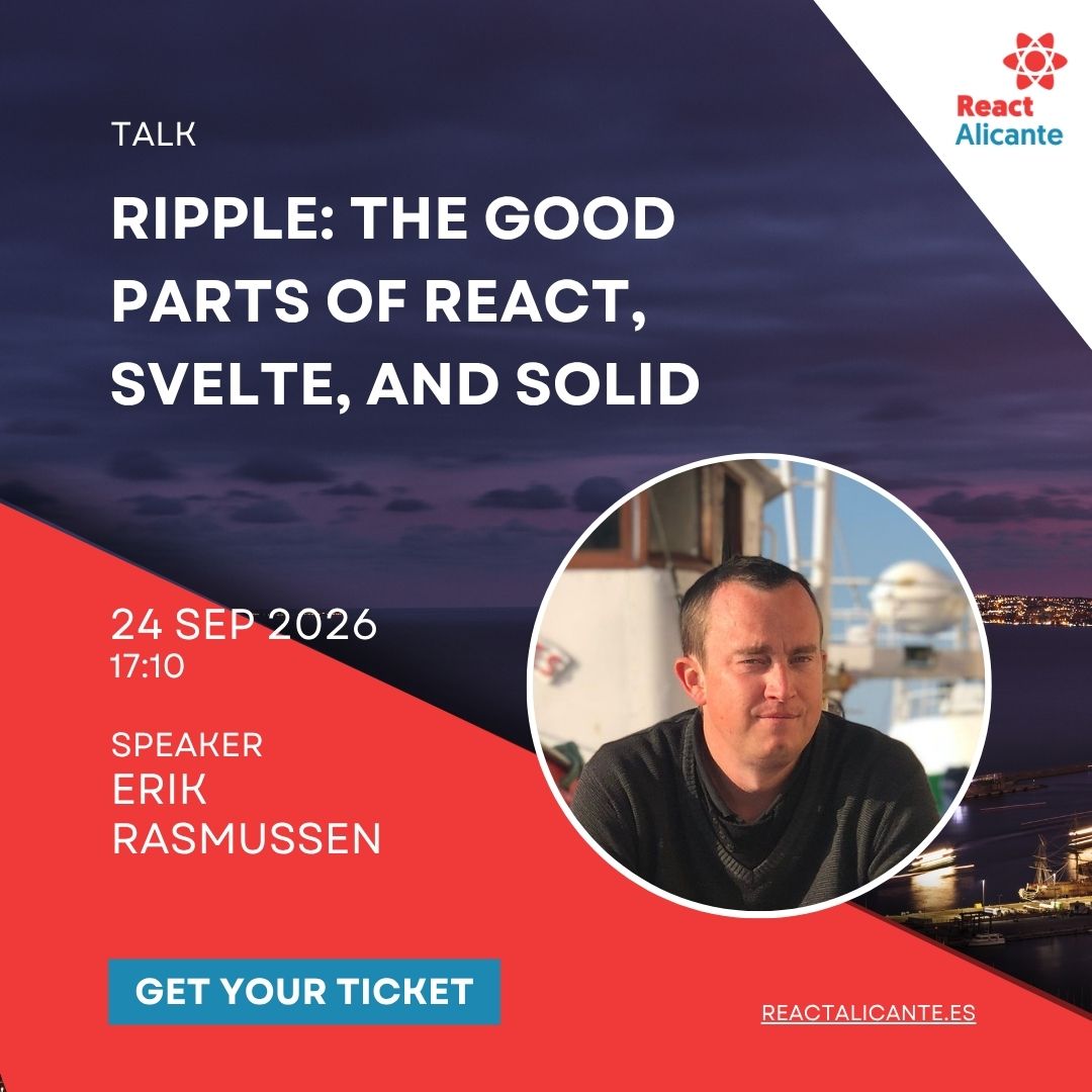 ReactAlicante's tweet photo. What if there was a TypeScript-first UI framework created by a member of both the React and Svelte core teams, focused on fine-grained reactivity and rendering speed?
In this talk, @erikras will introduce Ripple, show us its syntax and philosophy, and invite us to look beyond the Present and into the Future.
https://t.co/7EAIYyYcfd