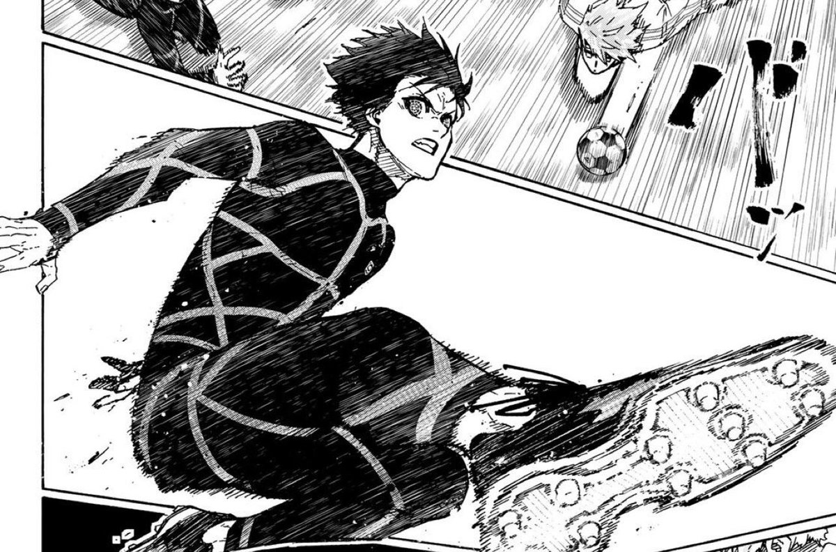 ryurinotyuri's tweet photo. isagi be flexing his leg this whole chapter https://t.co/EaEvzxnuKI