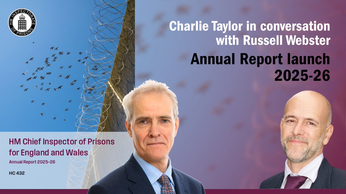 HMIPrisonsnews's tweet photo. Earlier today we hosted our 2025-26 Annual Report launch, where Chief Inspector @charlie_taylor6 discussed the report's findings with @russwebt!

Watch on YouTube: https://t.co/W90OrP0kL6

Read the report: https://t.co/mDrVgNnIvv https://t.co/Wy0PNX3agQ