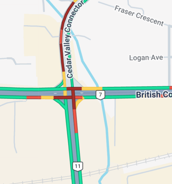 DriveBC's tweet photo. ⚠️#BCHwy7 - Vehicle incident at #BCHwy11 intersection, affecting traffic both directions. Crews are on scene, pass with caution, expect dealys.
#MissionBC https://t.co/1qf8BRGI8K