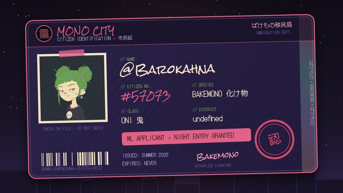 Barokahna's tweet photo. MONO CITY just granted me citizenship 👹 CITIZEN #57073

ばけもの @BakemonooNFT — craziest IP launch this NFT summer.

https://t.co/T50FbBpyMR https://t.co/hGeTYgMFN0