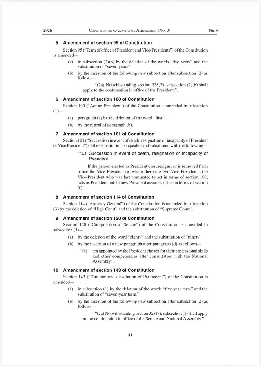 daddyhope's tweet photo. President Emmerson Mnangagwa of Zimbabwe has signed into law the controversial Constitutional Amendment (No. 3) Act, which extends his term of office by an additional two years until 2030, cancels the general elections that were due in 2028, abolishes the direct election of the President by the electorate by transferring that responsibility to Members of Parliament, and extends the presidential term of office from five to seven years.

The Act effectively ends the presidential ambitions of Vice President General Constantino Chiwenga through the electoral process, leaving a military coup as the only conceivable route to the presidency outside the constitutional framework. 

It also significantly diminishes, for the foreseeable future, the prospects of an opposition leader being elected President, given ZANU-PF’s parliamentary majority and the electoral advantage it has secured through the 2022–2023 delimitation of electoral boundaries (constituency delimitation), which redrew constituency boundaries ahead of the 2023 general elections.

You can read the Government Gazette containing the full text of the Constitutional Amendment (No. 3) Act via the link below on my Telegram channel.👇🏿👇🏿
https://t.co/f3TcNRwoAl