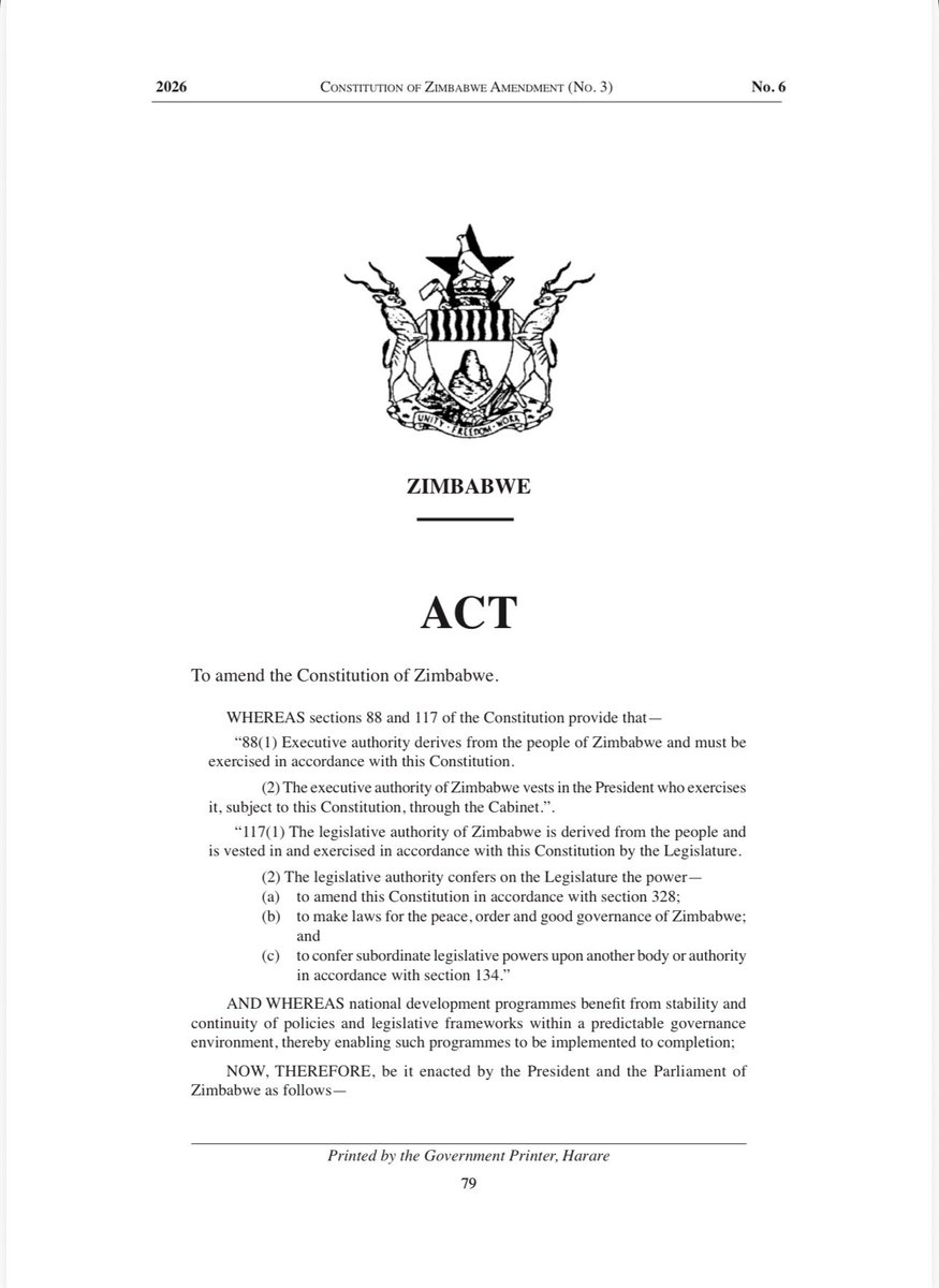daddyhope's tweet photo. President Emmerson Mnangagwa of Zimbabwe has signed into law the controversial Constitutional Amendment (No. 3) Act, which extends his term of office by an additional two years until 2030, cancels the general elections that were due in 2028, abolishes the direct election of the President by the electorate by transferring that responsibility to Members of Parliament, and extends the presidential term of office from five to seven years.

The Act effectively ends the presidential ambitions of Vice President General Constantino Chiwenga through the electoral process, leaving a military coup as the only conceivable route to the presidency outside the constitutional framework. 

It also significantly diminishes, for the foreseeable future, the prospects of an opposition leader being elected President, given ZANU-PF’s parliamentary majority and the electoral advantage it has secured through the 2022–2023 delimitation of electoral boundaries (constituency delimitation), which redrew constituency boundaries ahead of the 2023 general elections.

You can read the Government Gazette containing the full text of the Constitutional Amendment (No. 3) Act via the link below on my Telegram channel.👇🏿👇🏿
https://t.co/f3TcNRwoAl