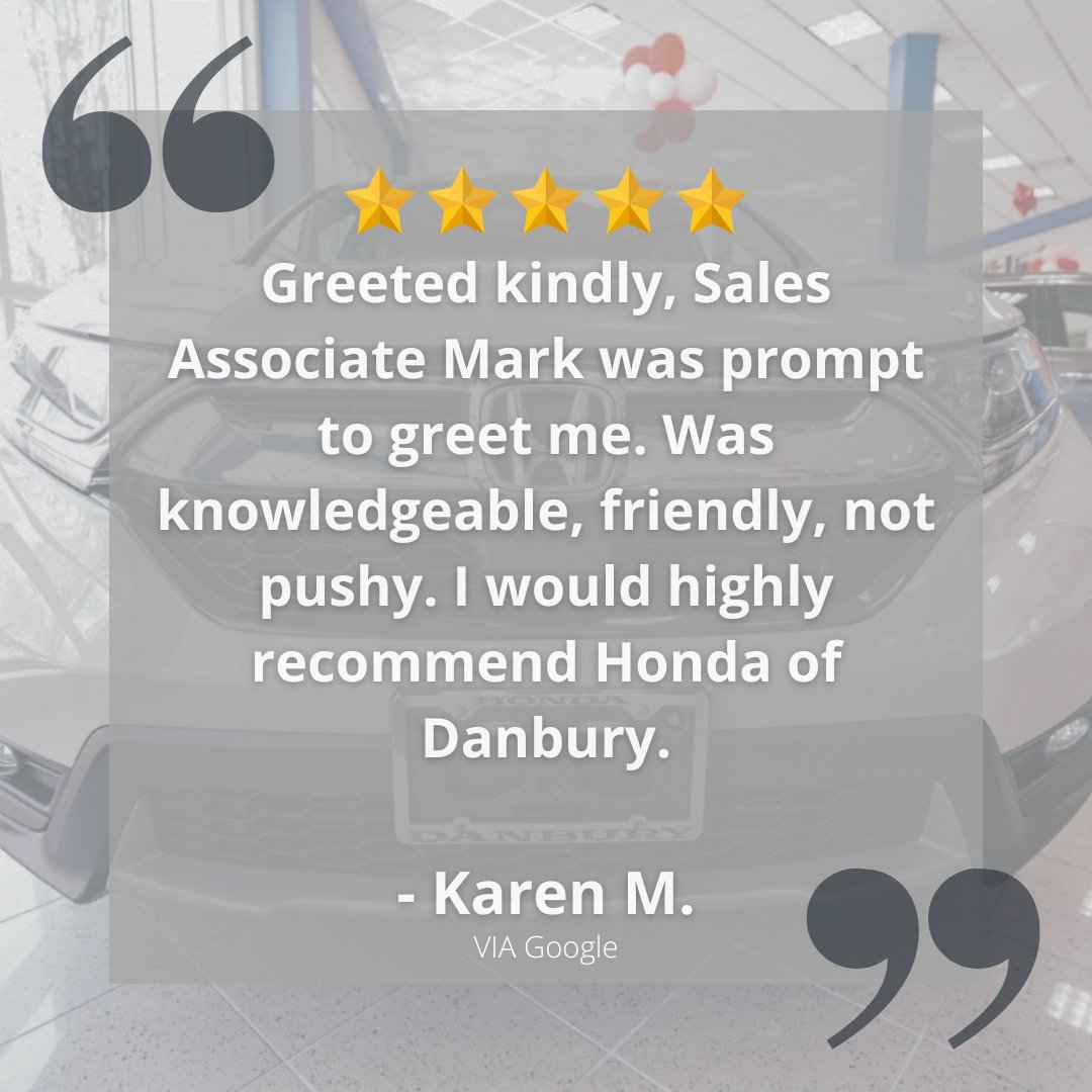 HondaDanbury's tweet photo. Thank you, Karen, for your 5-star review. We're grateful for your kind words and appreciate the trust you've placed in our team. Thank you for choosing Honda of Danbury. #Honda #HondaOfDanbury https://t.co/nn5XX0DHEo