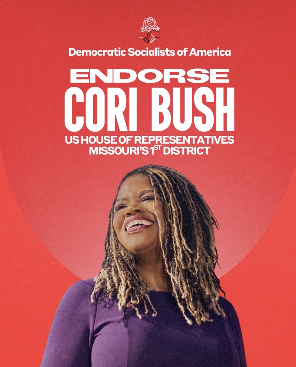 Socialist_Wins's tweet photo. BREAKING: National DSA endorses Cori Bush for Congress in Missouri’s 1st district.

Primary is August 4. https://t.co/6tpvvLkQVh