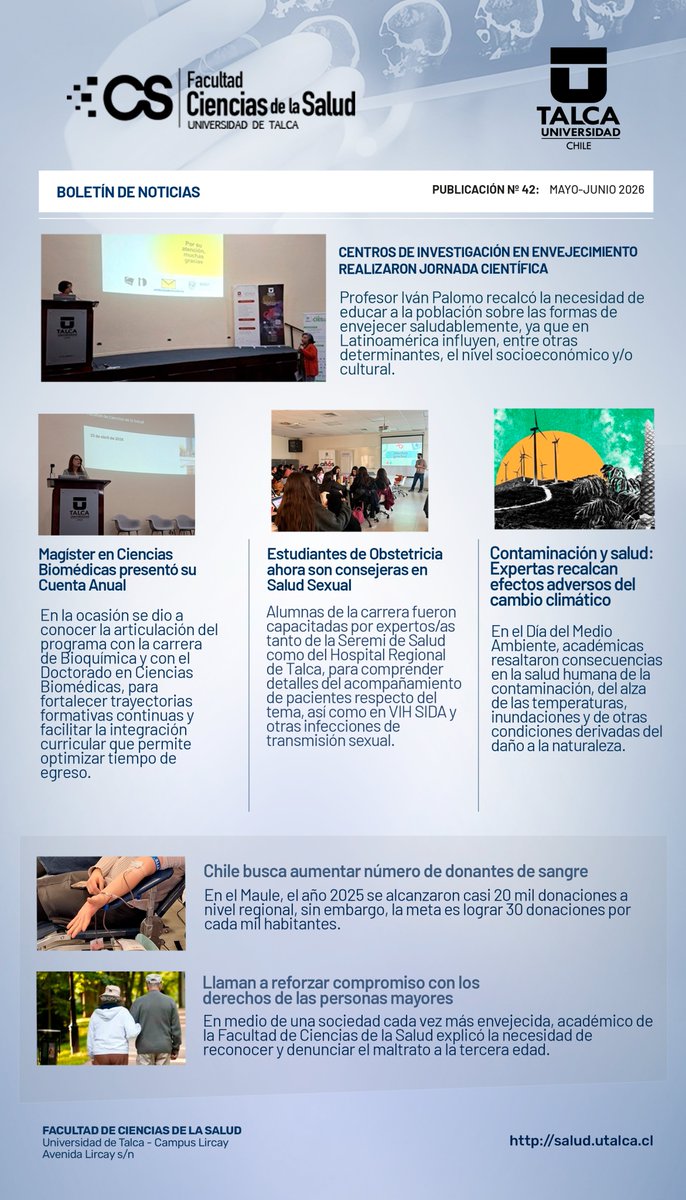 CsSaludUTalca's tweet photo. 🔵 Te invitamos a leer nuestro boletín de #noticias n°42, correspondiente a mayo-junio de 2026. Todas las notas las encuentras en 👇
https://t.co/wZ2O4tLAmC
#FCSUTalca
#CsSaludUTalca #salud #UTalca 7️⃣ https://t.co/5KFtiA0rI0
