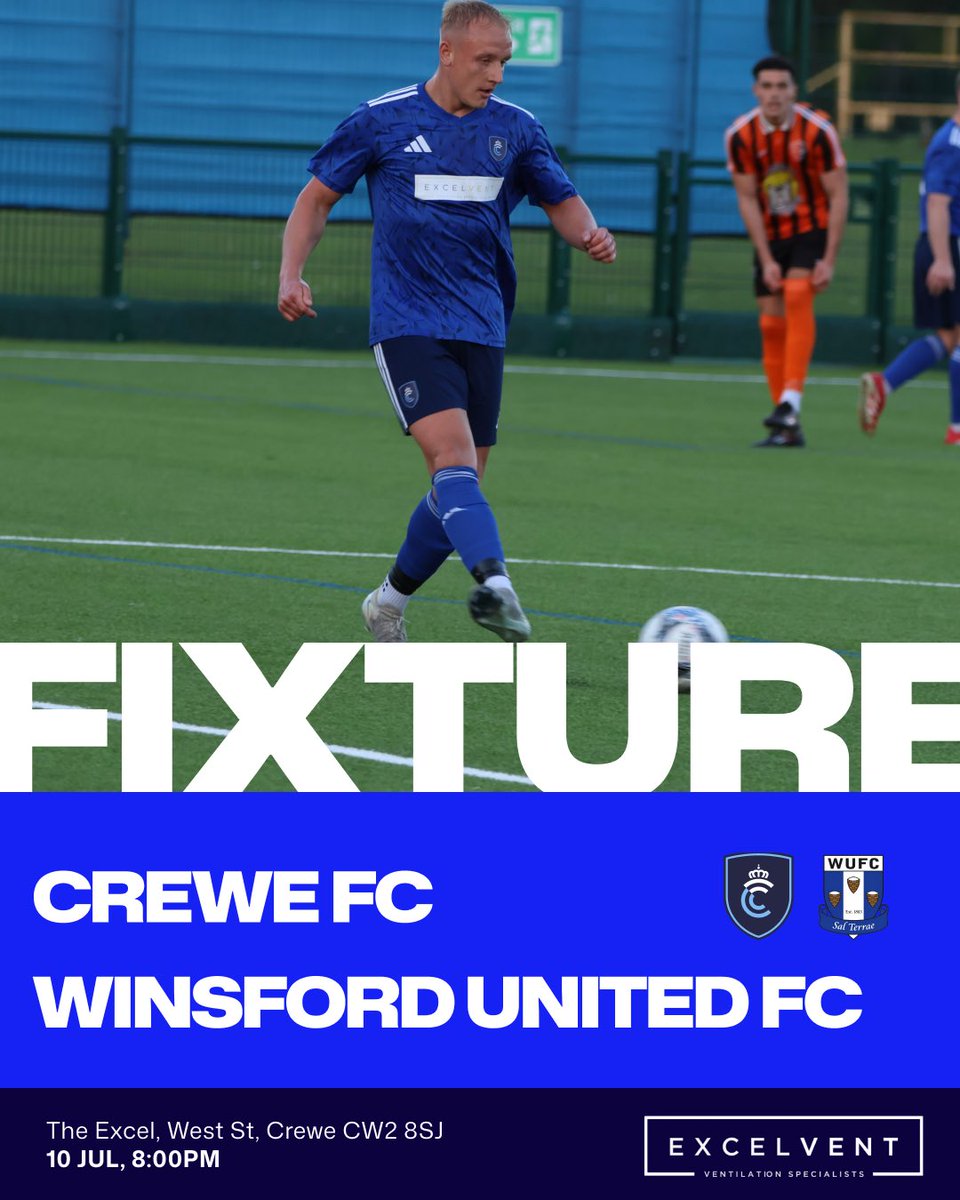 CreweFC's tweet photo. ⚽️𝗙𝗿𝗶𝗱𝗮𝘆 𝗡𝗶𝗴𝗵𝘁 𝗙𝗼𝗼𝘁𝗯𝗮𝗹𝗹… 

@VickersAdam & @JoePointon’s side continue their pre-season fixture programme on Friday evening as we welcome @WinsfordUnited to the @CreweFCHub!

🗓 Friday, 10th July 
🕗 8:00pm KO
🎟 £5 Adults | £3 Concessions | £1 Children

Our bar and kitchen will be open throughout the evening, so come along & enjoy the action!

See you there! 💙⚽️