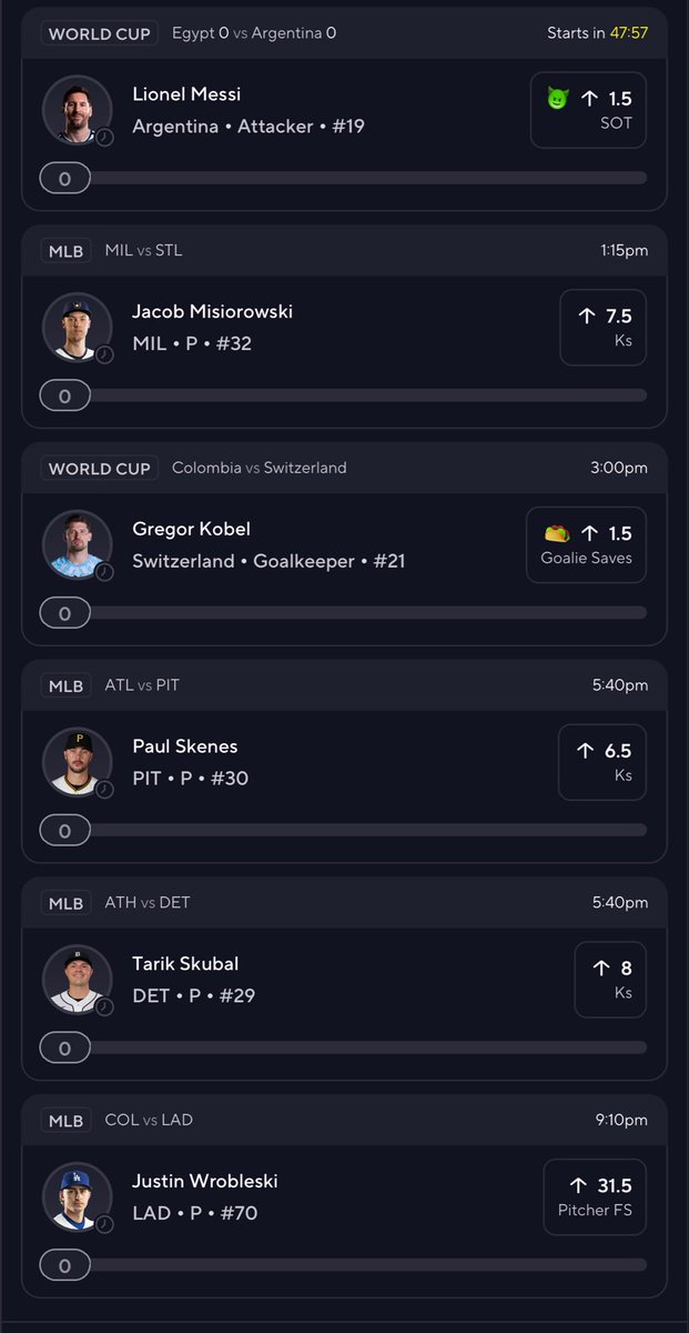 RoedeBETS12's tweet photo. WORLD CUP DISCOUNT 💎💎

Basic Analysis:
-Messi no need for explanation, MIZ day cleared 12 last matchup, Skenes cleared 9Ks last year, Skubal cleared 12 &amp; 8 last year , expecting Wrobleski to win and pitch at least 6 IP 

Like =Tailing 👀👀

#PrizePicks #Gambling𝕏 https://t.co/4XRUpt9Uzn