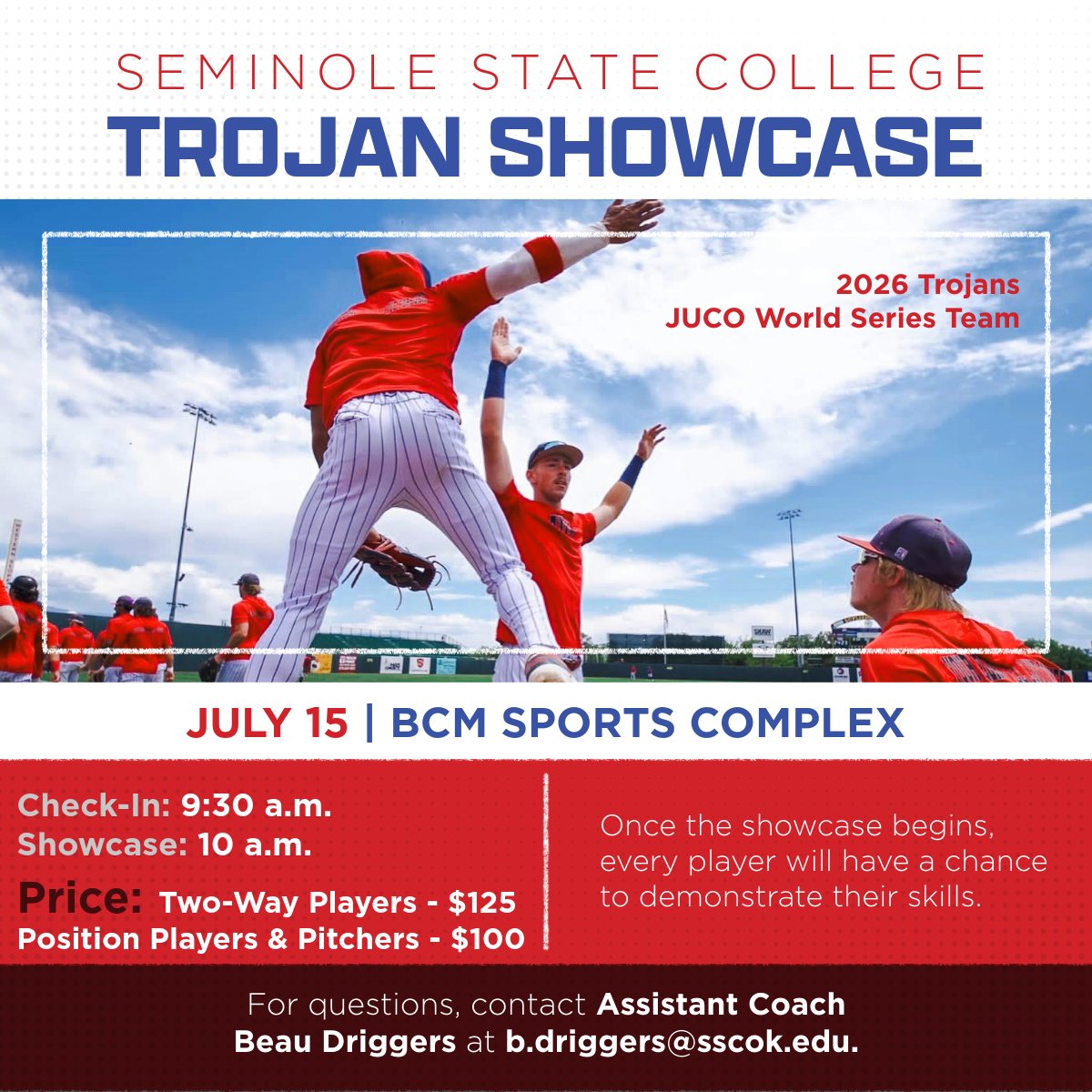 Seminole_State's tweet photo. Time is running out to sign up, high school baseball players!

Showcase your skills and work alongside the Trojans at the SSC Trojan Showcase.

Spots are limited. RSVP today: https://t.co/96es8lBi9X

For questions, contact Assistant Coach Beau Driggers at b.driggers@sscok.edu. https://t.co/AYDU3OCas2