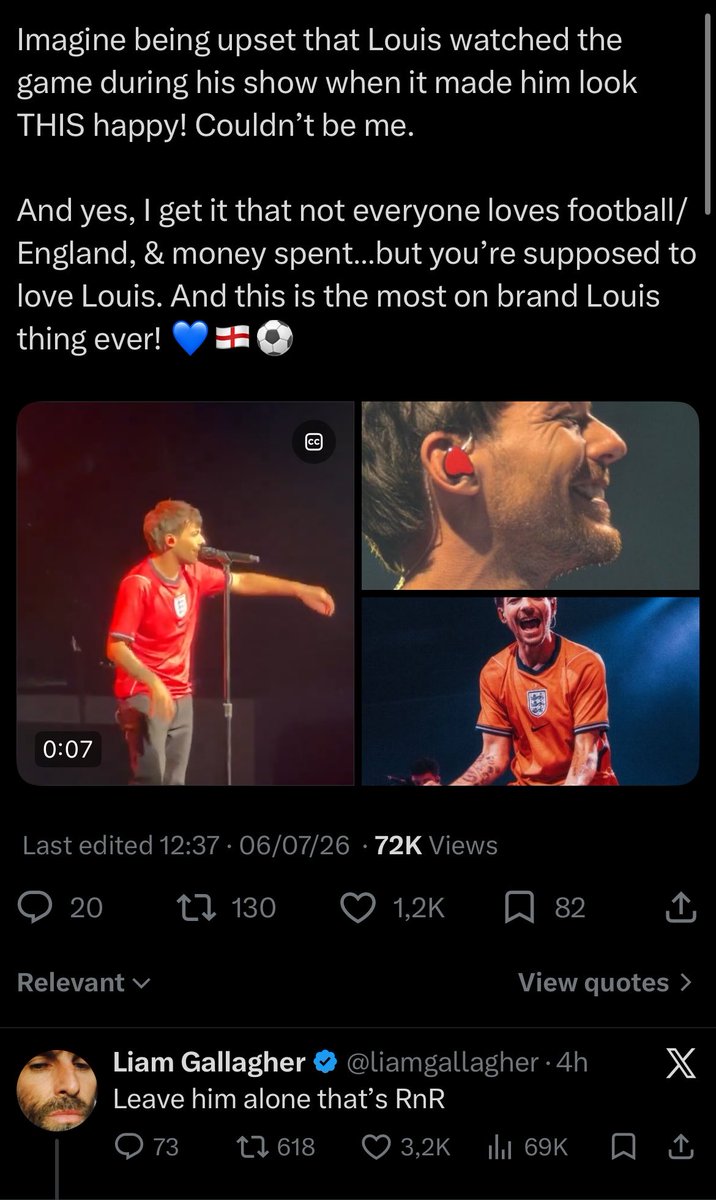 louistbr's tweet photo. 📱 • PAI E FILHO! Liam Gallagher falando sobre Louis ter visto o jogo da Inglaterra no palco.

“Deixem ele em paz, isso é descanso e recuperação.”
“Você ama Louis?”
“Sim, ele é adorável.”
“O que gosta nele?”
“Suas orelhas.”
“Por que as orelhas?”
“Acho que elas combinam com ele.” https://t.co/YZhxTmHGWE