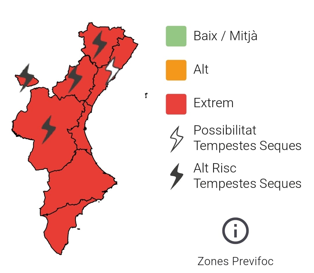 GVA112's tweet photo. El nivell de preemergència de risc d'incendis forestals demà 08/07 és:

🔴Extrem a tota la Comunitat Valenciana
⚡️Alt risc de tempestes seques a l'interior de Castelló i de València, i possibilitat al litoral de Castelló

📞Si veus fum o foc, telefona a l'1·1·2

#JoDicStopAlFoc https://t.co/24KclkDDFp