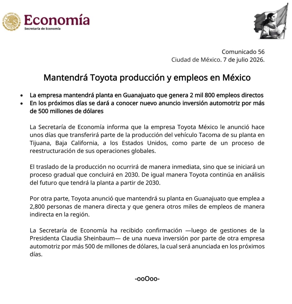 Rodpac's tweet photo. En el afán de que no cunda el pánico automotriz @SE_mx aclara que @ToyotaMex mantiene la planta de Guanajuato y que otra empresa anunciará una inversión de 500 mdd. En noviembre de 2024 la japonesa anunció una inversión de 1,450 mdd para producir Tacomas y Tacomas híbridas. https://t.co/9unQ2ZOcF4