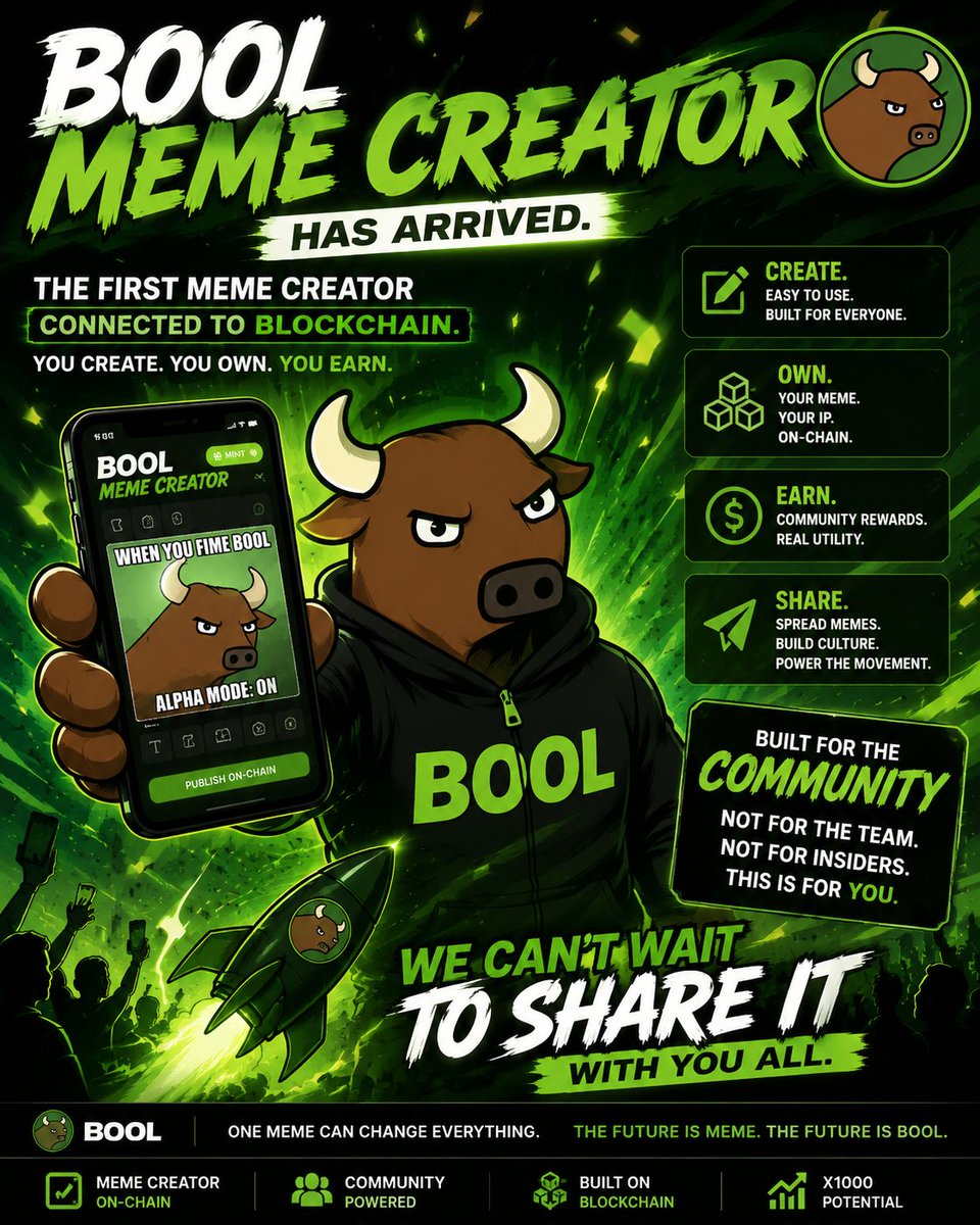 booltoken's tweet photo. Something BIG is coming. 🐂🔥

We're not building just another memecoin.

We're building BOOLS - a meme creator platform designed for creators, powered by blockchain, and built for the community.

Create. Share. Go Viral.

This is where memes become culture, communities grow together, and creativity finally meets on-chain technology.

And this is only the beginning.

We can't wait to reveal it live on https://t.co/ZzLqFlBPJk @Pumpfun  and show everyone what we've been building behind the scenes.

The future isn't just memecoin.

The future is creating.

BOOL IS BUILDING. BOOLS IS COMING.

Stay tuned. The reveal is closer than you think. 🟢🐂🔥

$BOOL $BOOLS $PumpFun $Solana $Memecoin $Web3 $MemeCoin $CreateShareGoViral