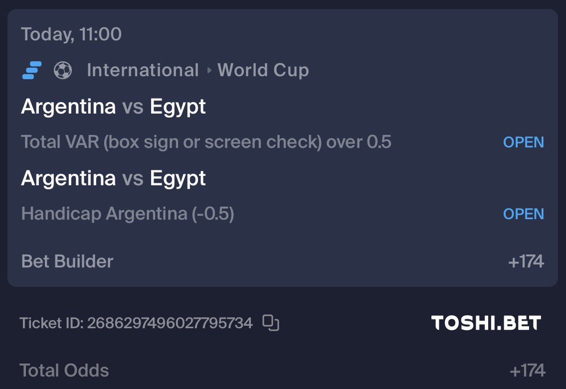 Gleobets's tweet photo. Argentina/Egypt

Seems likely, or at least I think.

Bet with @ToshiBet https://t.co/DbDpp0R9Hz