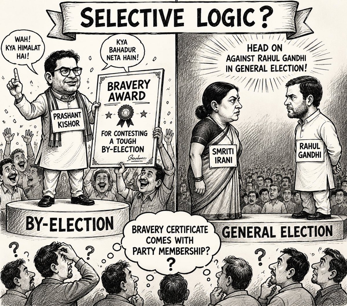 biharwalebabu's tweet photo. The selective logic is amusing: Prashant Kishor contests a tough by-election and suddenly he’s the symbol of courage. 

Then what was Smriti Irani, who challenged Rahul Gandhi in a general election—a superhero? Or does the bravery certificate come with party membership? https://t.co/U9jqSaMVND