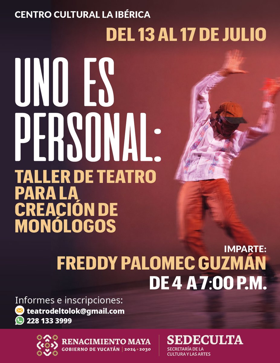 SedecultaYuc's tweet photo. En el marco del XXI Festival de Monólogos Teatro a Una Sola Voz, participa en "Uno es personal: taller para la creación de monólogos", impartido por Freddy Palomec Guzmán y organizado por Teatro del Tolok.
Informes e inscripciones:
✉️teatrodeltolok@gmail.com https://t.co/uoXqjVnzKs