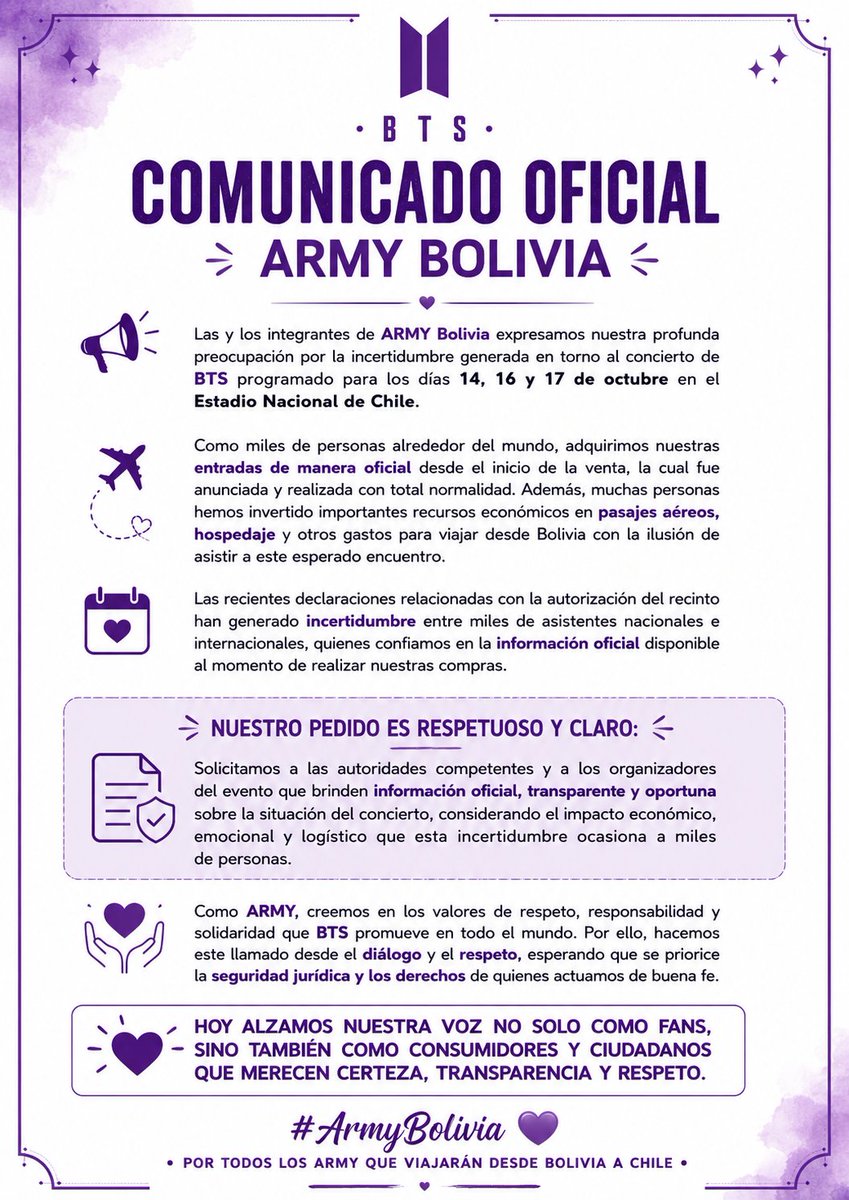 ElbyRoblesCarra's tweet photo. Como fandom de Bolivia estamos preocupados por la falta de información de los directos implicados y es irresponsable que salga una autoridad a decir que no han autorizado el Estadio NACIONAL cuando hay 3 fechas vendidas y vista de todos. #NataliaDuco #dgmedios #SernacChile https://t.co/s2mLBLuyye