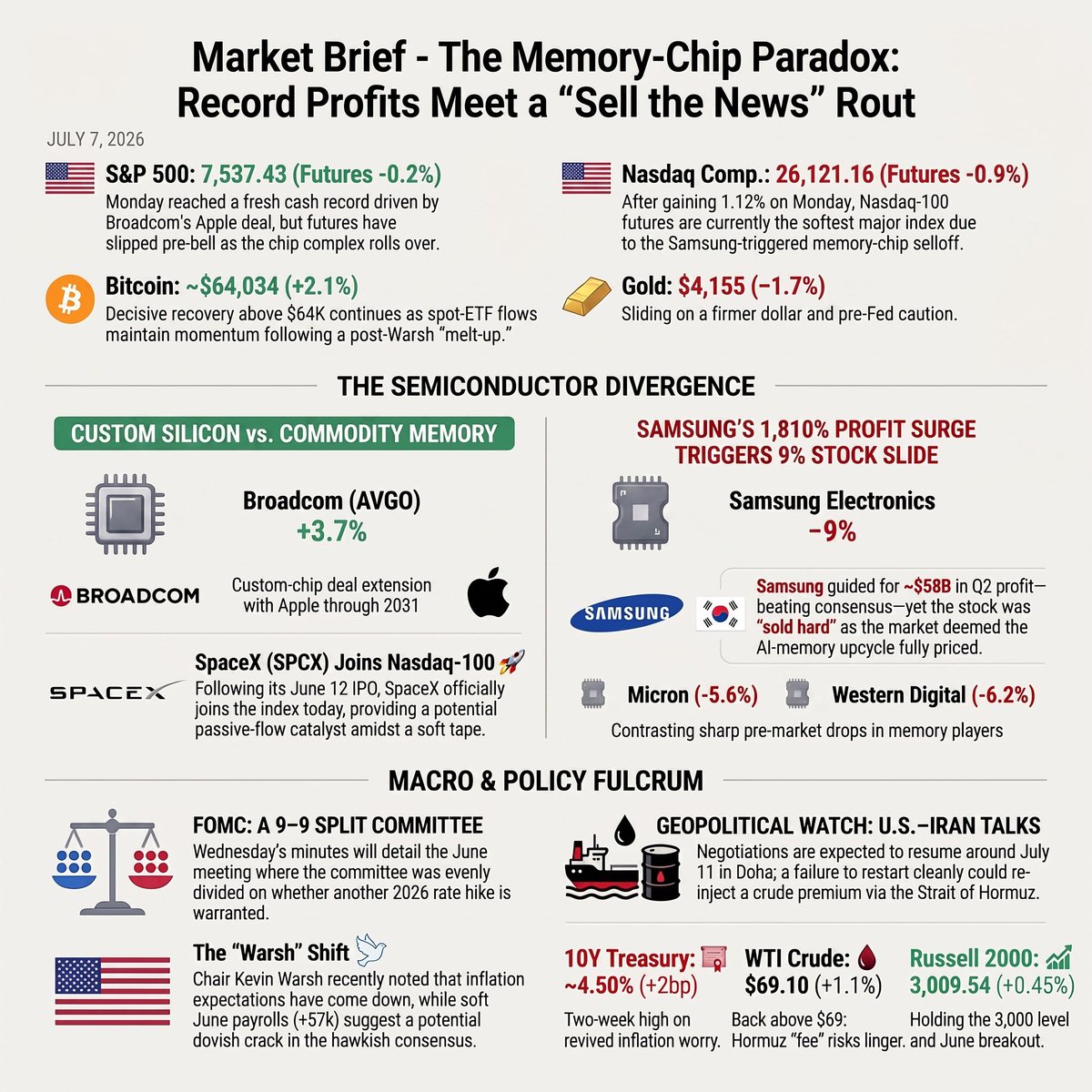 _alphadesk's tweet photo. A severe "sell the news" liquidation cycle is shaking the tech sector this morning. Despite booking block-buster earnings, global semiconductor giants are facing heavy institutional profit-taking, dragging the tech-heavy index down 0.9% to 26,121.16 while the broader large-cap index edges down 0.2% to 7,537.43.

Samsung guided for an eye-popping $58 billion second-quarter profit—smashed analyst estimates—yet the stock collapsed 9% in overnight trading as asset managers declare the AI hardware upcycle fully priced.

The commodity memory selloff quickly contaminated US pre-market trading, with $MU sliding 5.6% and Western Digital dropping 6.2%. Bucking the trend, Broadcom jumped 3.7% after securing a multi-year extension to its proprietary custom-silicon chip pipeline with Apple through 2031.

 tech bulls a minor shield, newly listed aerospace juggernaut $SPCX officially joins the technology-heavy index today, introducing massive mandatory passive index buying.

Fixed-income desks are bracing for tomorrow's central bank meeting minutes, which will show a historic 9-to-9 committee split on whether sticky inflation warrants a final 2026 interest rate hike.

June nonfarm payrolls printed at a sluggish +57k, validating statements from the committee chair that secular inflation expectations are structurally cooling.

The 10-year Treasury yield firmed slightly up 2 basis points to 4.50%, while the small-cap Russell style index gained 0.45% to hold its historical breakout above the 3,009.54 milestone.

Global oil ticked back up to $69.10 on lingering Hormuz transit fee risks ahead of Doha negotiations on July 11. Meanwhile, gold fell 1.7% to $4,155 on dollar strength, while $BTC surged 2.1% to $64,034 on persistent institutional spot ETF inflows.

If tomorrow's deadlocked central bank minutes tilt hawkish, the 10-year Treasury yield will easily clear 4.55%, breaking the small-cap rotation and crushing the 3,000 index support level. However, the sheer gravity of passive fund managers mandatory-buying $SPCX for its index debut today will likely trigger a massive localized short squeeze, popping the space stock back past $180 by the cash close.