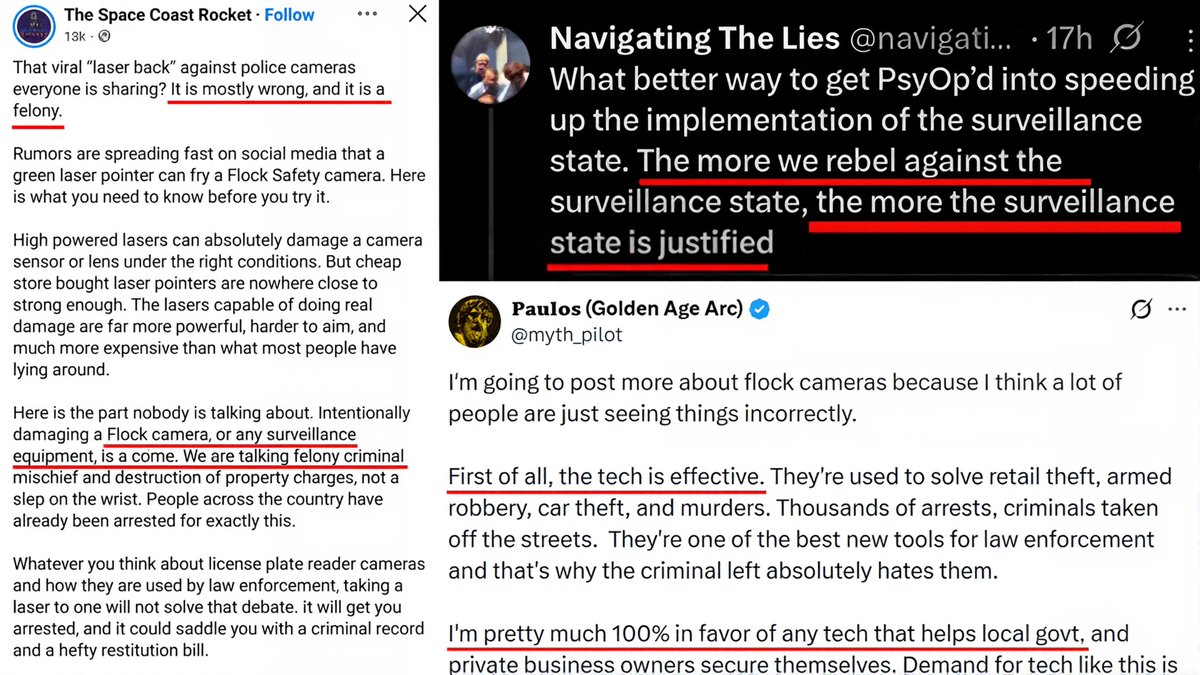 JasonBassler1's tweet photo. Anyone else notice the sudden swarm of “pro‑Flock” accounts appearing out of nowhere? Warning about felonies, "debunking" privacy concerns and insisting the anti‑Flock movement is a psyop. Wild how they all activated at once...

Almost like bots. Or feds. Hard to tell anymore. https://t.co/OFLSc3RHMP