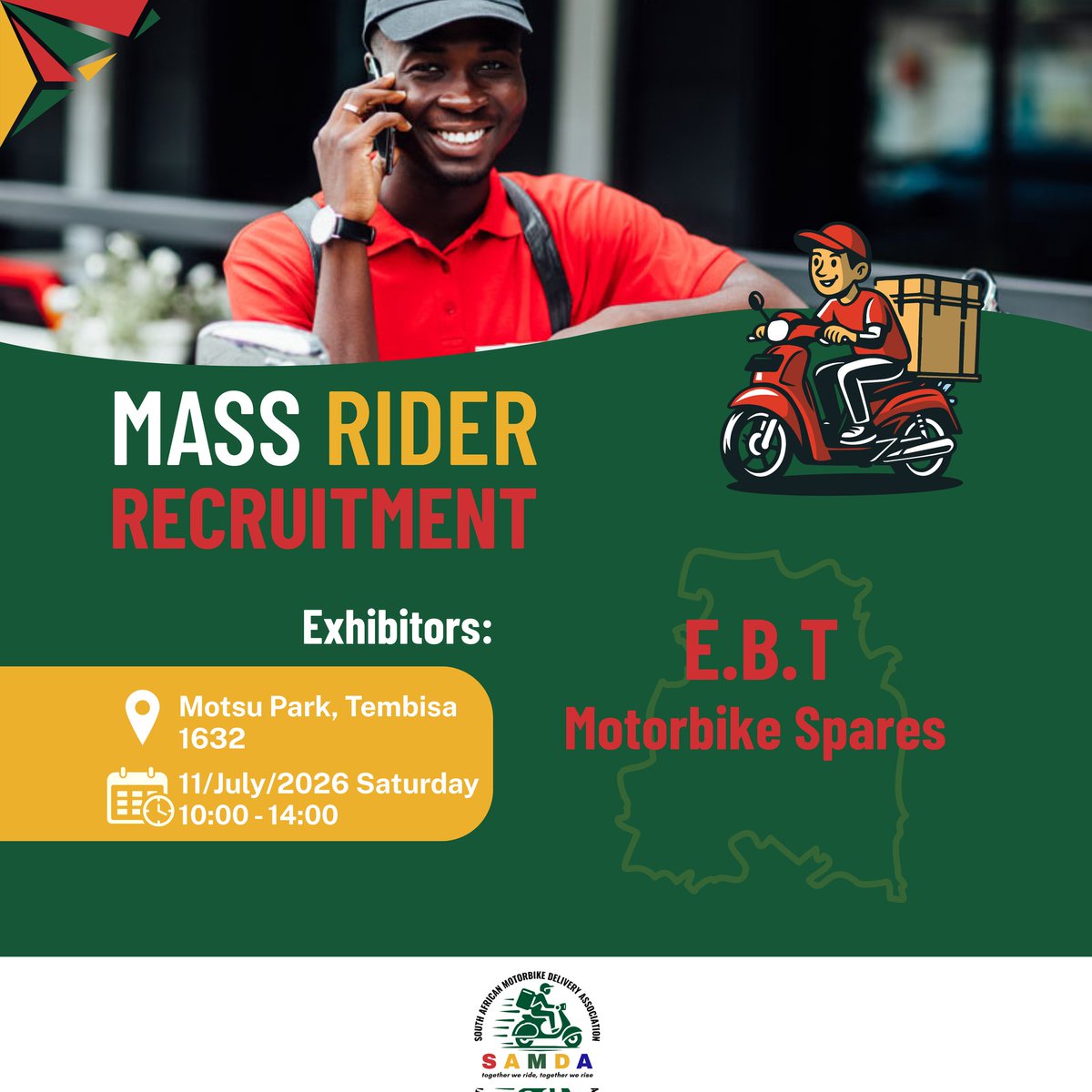samda_za's tweet photo. 🔧 Exhibitor Spotlight: E.B.T Motorbike Spares 🏍️

E.B.T Motorbike Spares will be joining the SAMDA Mass Rider Recruitment to showcase products and solutions that help riders maintain their motorcycles and keep their businesses moving.

Motsu Park, Tembisa 1632
📅 11 July 2026 https://t.co/nJHWaMiJET