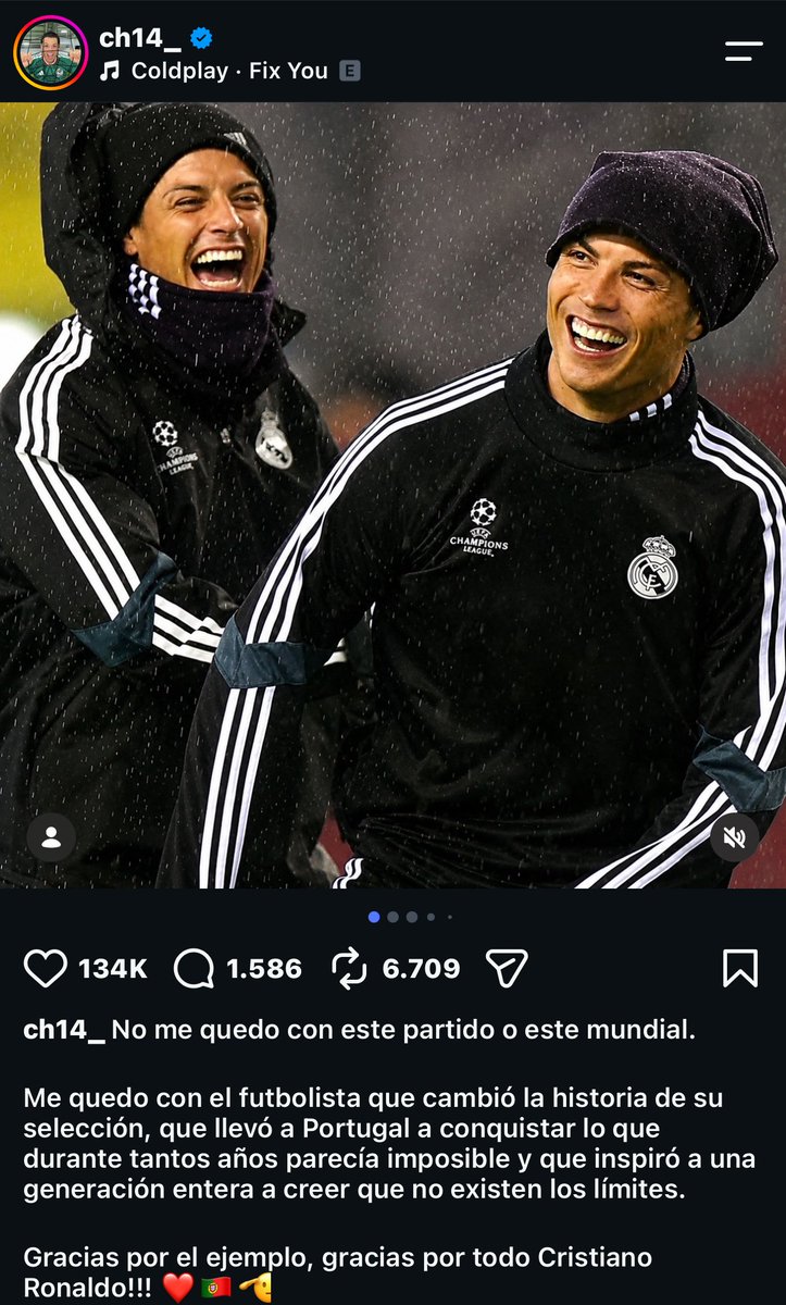 RM4Arab's tweet photo. 🚨📲 تشيتشاريتو عبر إنستغرام:

"كريس، لا أتمسك بهذه المباراة أو حتى بكأس العالم هذه.

أتمسك باللاعب الذي غيّر تاريخ منتخب بلاده، والذي قاد البرتغال لتحقيق ما بدا مستحيلاً لسنوات طويلة، والذي ألهم جيلاً كاملاً ليؤمن بأن لا حدود للطموح.

شكراً لك على هذا المثال. شكراً لك على كل شيء، كريستيانو رونالدو ❤️🇵🇹".