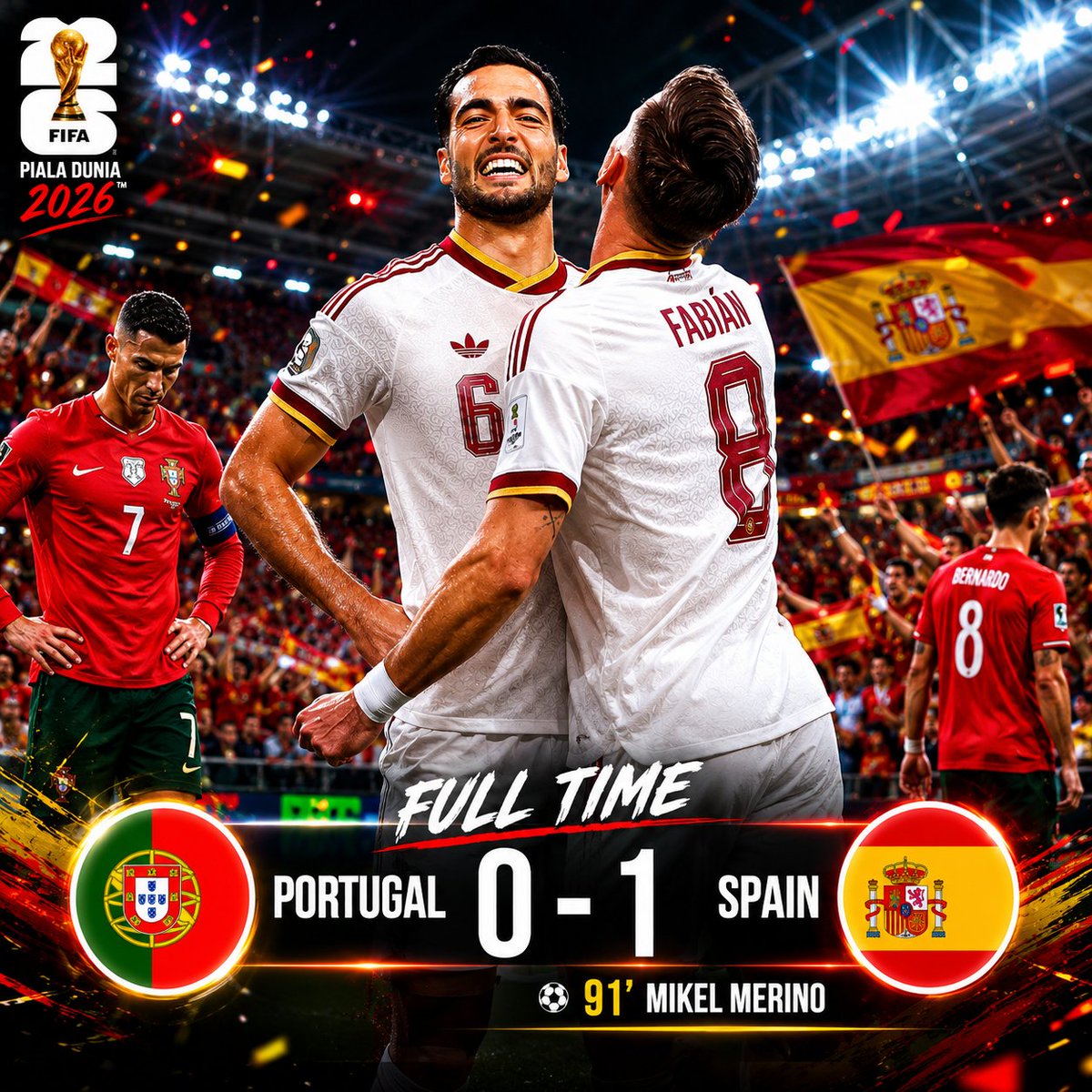 Skorpedia_LS's tweet photo. FULLTIME
Gol Merino di menit akhir dari assist cantik Ferran Torres, mengantarkan Spanyol ke quarter-final. Berakhir sudah perjalanan Portugal di Pildun kali ini.
#WorldCup2026 #PialaDunia2026 #Round16 #Ligasamudera #Skorpedia https://t.co/xmxI1hh9QH