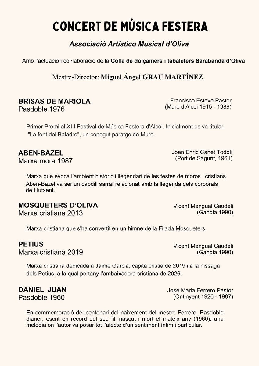 AAMOliva's tweet photo. 🌙➕ XXII Concert de Música Festera de Moros i Cristians d'Oliva
🎶 El concert estarà a càrrec de la Banda Simfònica de l’AAMO i la @collasarabanda d'Oliva, sota la direcció serà del nostre mestre @MiquelGrauXtv.
ℹ️ https://t.co/RJVpg7UIDw https://t.co/Hk1GcZme1D