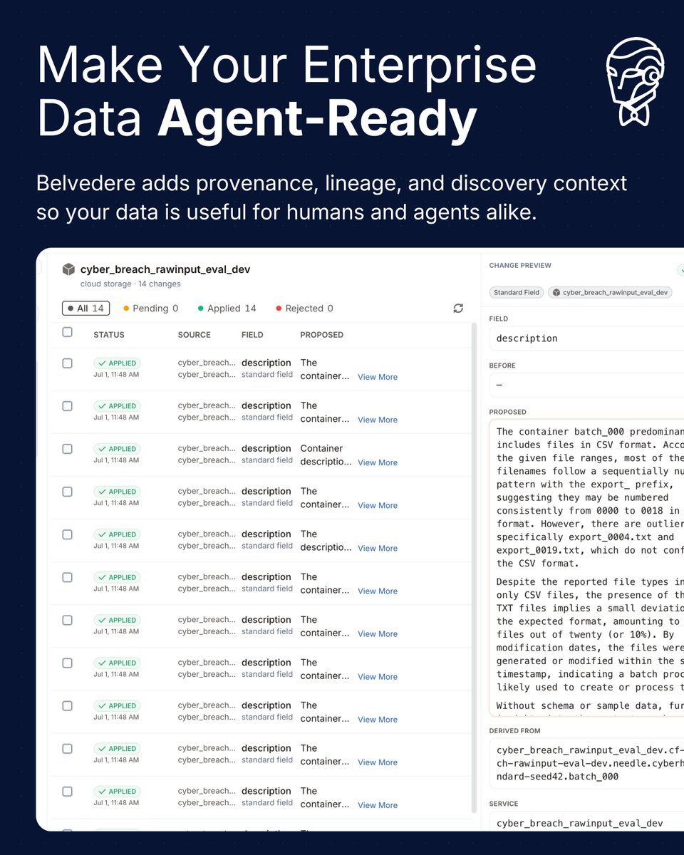 ClearFractureAI's tweet photo. Data is dumb by default.

It can be stored, moved, and queried without ever knowing what it is, where it came from, what changed it, or who depends on it.

That becomes a problem when agents start making decisions from it.

Agent-ready data needs provenance, lineage, and discovery context, not just access.

Belvedere enriches enterprise data with that context, while every proposed change stays in a human approval path.

Get a demo today: https://t.co/npJWfbOKlb