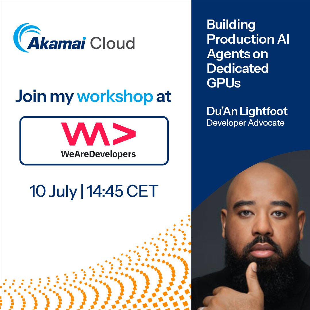 akamaidevs's tweet photo. Heading to Berlin for WeAreDevelopers? Catch @lenadroid on July 9 talking product architecture and what to build next. Then join @labeveryday on July 10 for a practical deep dive into deploying workloads on dedicated GPUs. 

Full session details: https://t.co/294DWVo5h8 https://t.co/WCJXC1f1jG