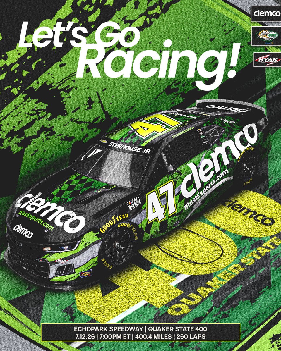 ClemcoCorp's tweet photo. This weekend, Clemco takes center stage as the primary sponsor of the @HYAKMotorsports  Motorsports No. 47 at EchoPark Speedway!

We're proud to see Ricky Stenhouse Jr. carrying the Clemco colors as we celebrate 85 years of helping customers achieve legendary performance. https://t.co/Sh91F0kfwg