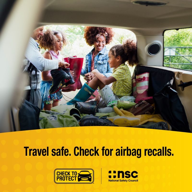 NSCsafety's tweet photo. Before you go on your summer road trips, prioritize #RoadwaySafety and #CheckForRecalls. High heat and humidity can cause recalled airbags to explode when deployed. https://t.co/iY1c6IY9iE