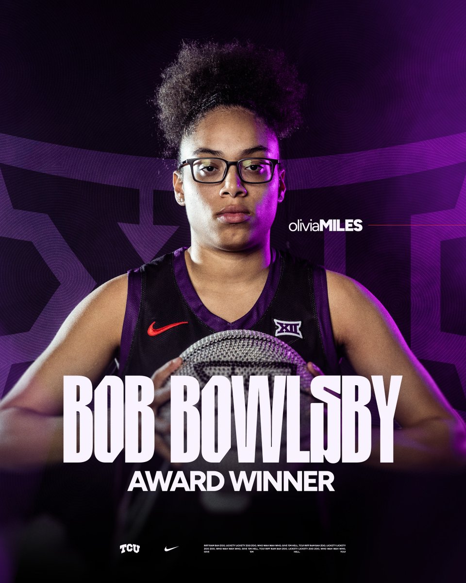 tcuwbb's tweet photo. 𝑻𝑯𝑬 best of the Big 12 🏆

The first TCU woman to win it and the second Horned Frog student-athlete overall, Olivia Miles is your 2025-26 Bob Bowlsby Award winner!

#GoFrogs | @oliviamiles06 https://t.co/Nhs6v5Bgju