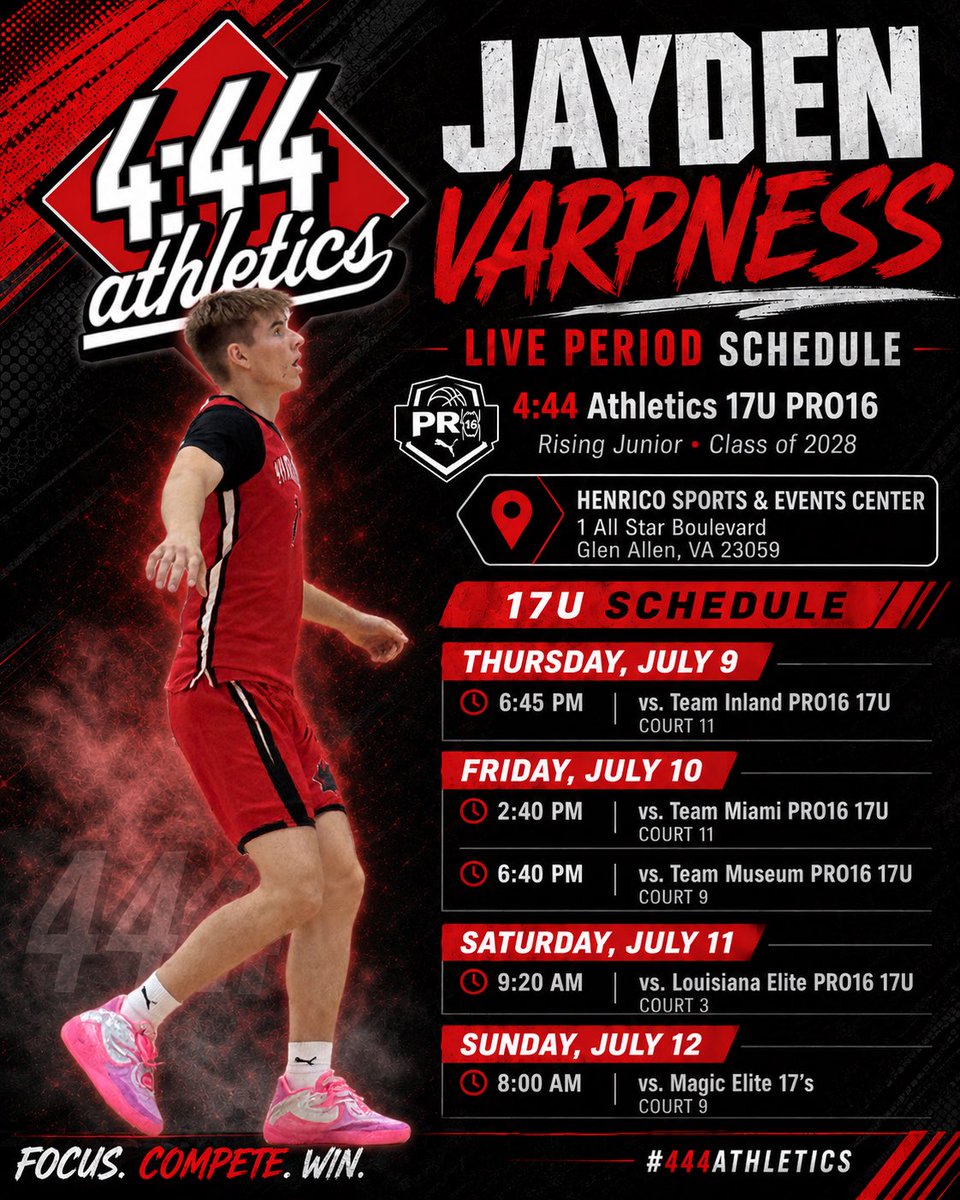 JaydenVarpness's tweet photo. Here’s my schedule for the Live Period in Virginia July 9-12th. Looking forward to competing. Hope to see you there! #444Athletics #ClassOf2028 https://t.co/959NKWRrBT
